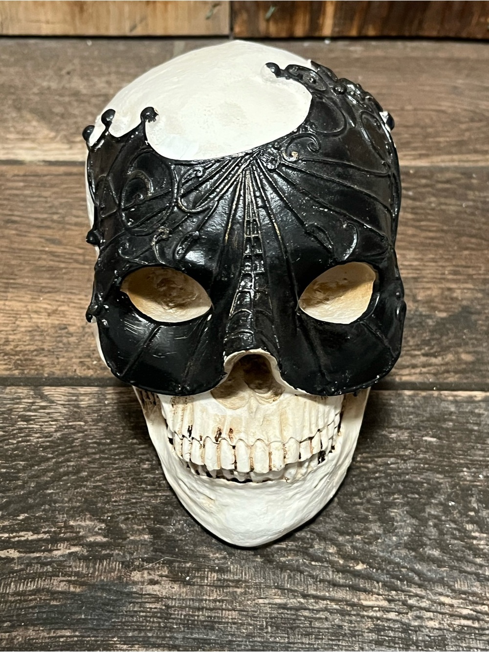 Ashland Black and Cream Skull with Ornate Mask Sculpture, Resin